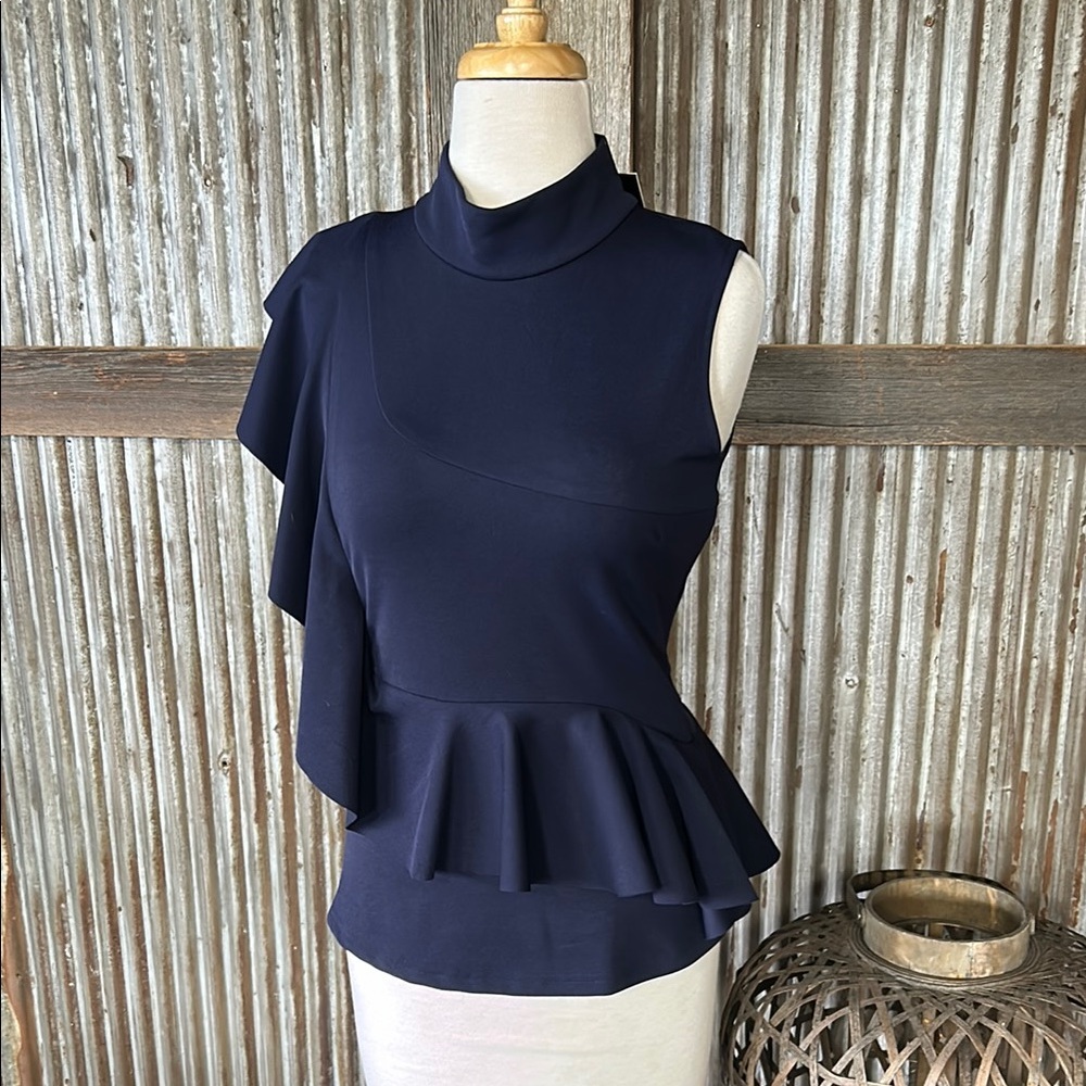 Gracia Blue Asymmetrical Ruffle Peplum Blouse